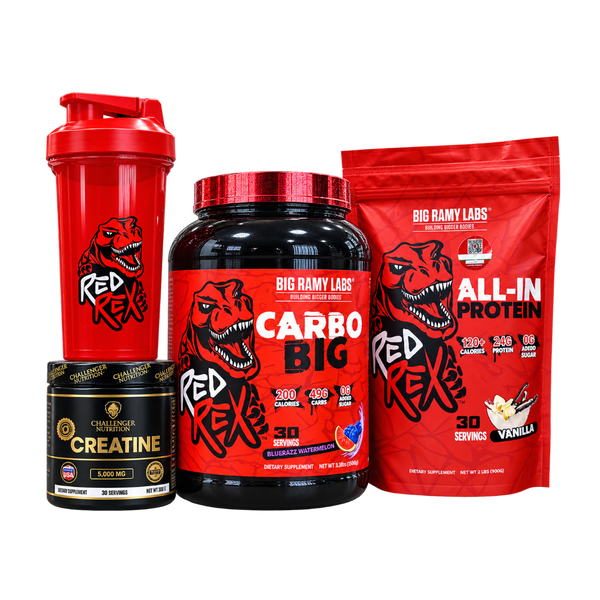 REDREX – All-In Protein + Carbo Big + Creatine challenger + Red Rex Shaker Bundle