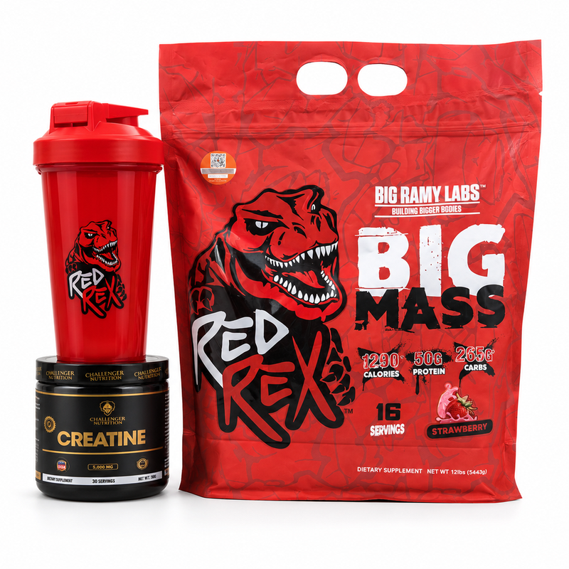 Big Ramy Labs Big Mass 12LB + Challenger Nutrition Creatine 5000MG + Red Rex Shaker